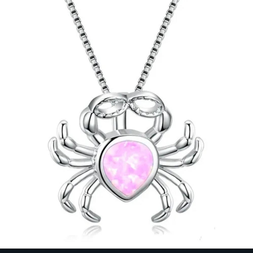 NWT Adorable Boho Silver Crab Pendant Necklace with Pink Faux Opal!
